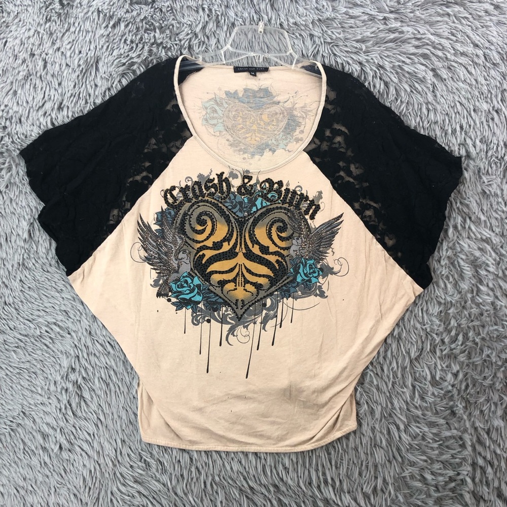 Crash and Burn Shirt Womens Medium Spellout Embellished Crystals Lace Sleeve